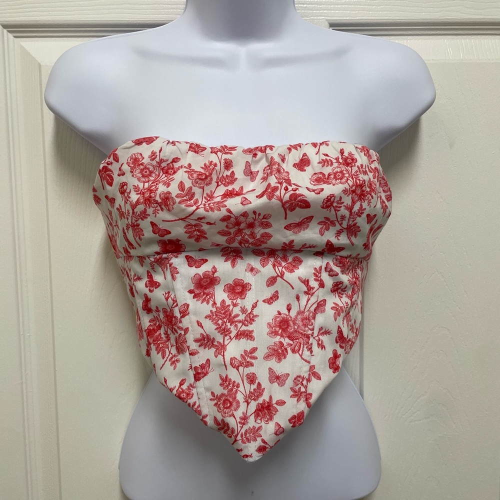 Princess Polly Floral Corset Top - White with Pink/ Red Print